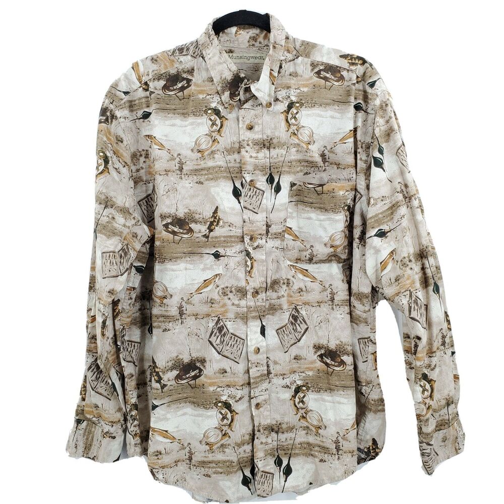 Mens Shirt Cotton Fishing print Long Sleeves Button front size 2XLT MunsingWear